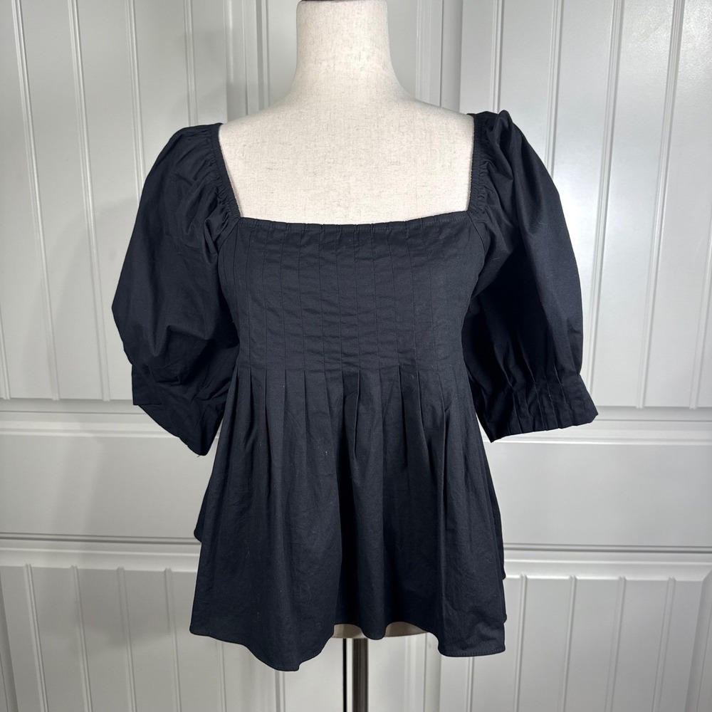 Pomander Place‎ Puff Sleeve Blouse Womens M Black Cotton Babydoll Square Neck
